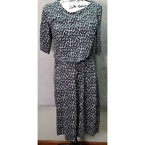 Boden Sheath Dress Women Size 12 Navy Circle Print Pleated 3/4 Sleeve Round Neck